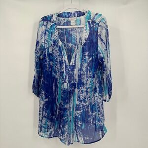 Soft Surroundings Womens Silk Sheer Tunic Top Size L Boho Painterly Blue Artisan